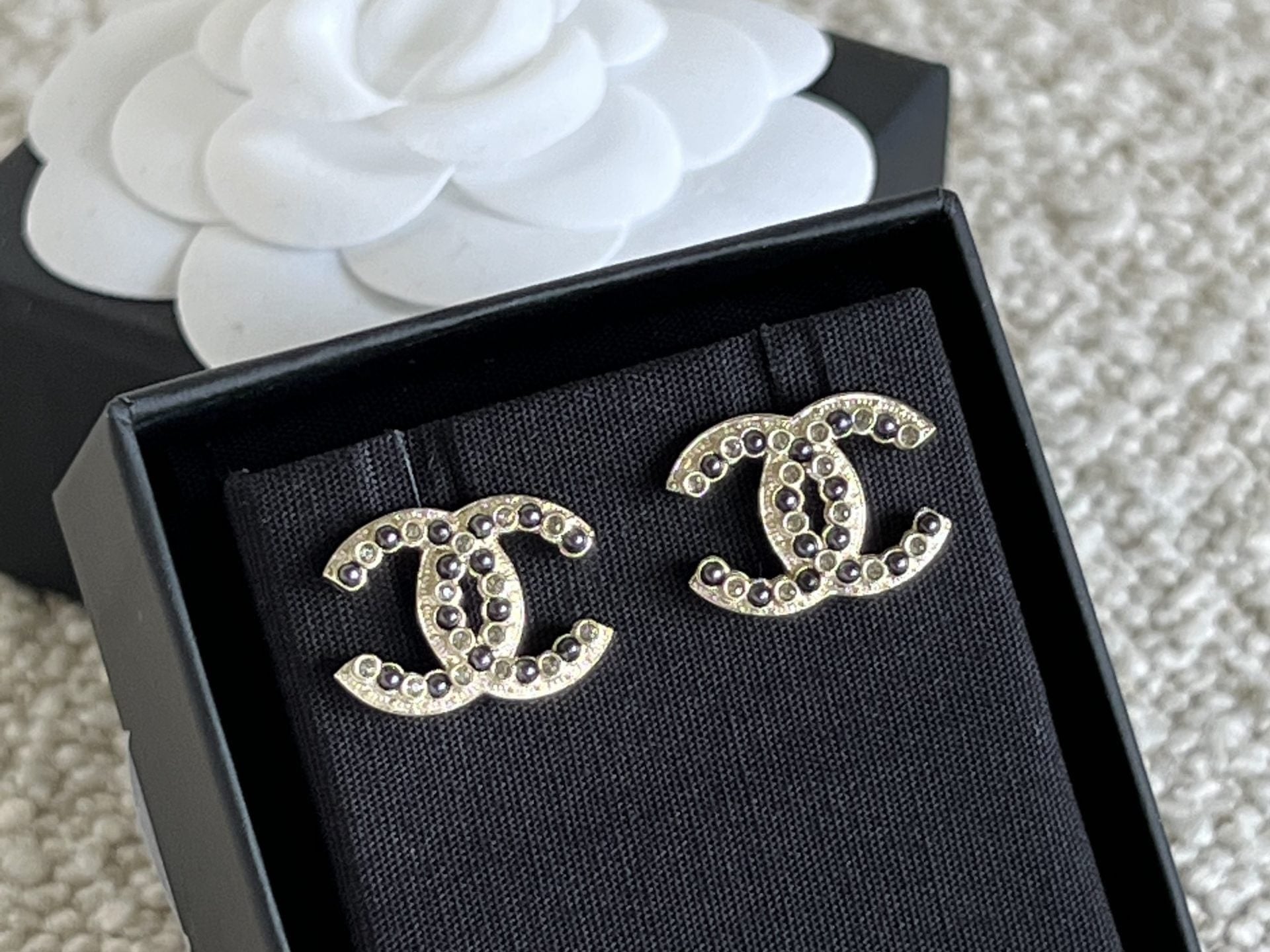 CHANEL Earrings Gold Chanel CC Crystal and Dark Pearl Earrings - Redeluxe