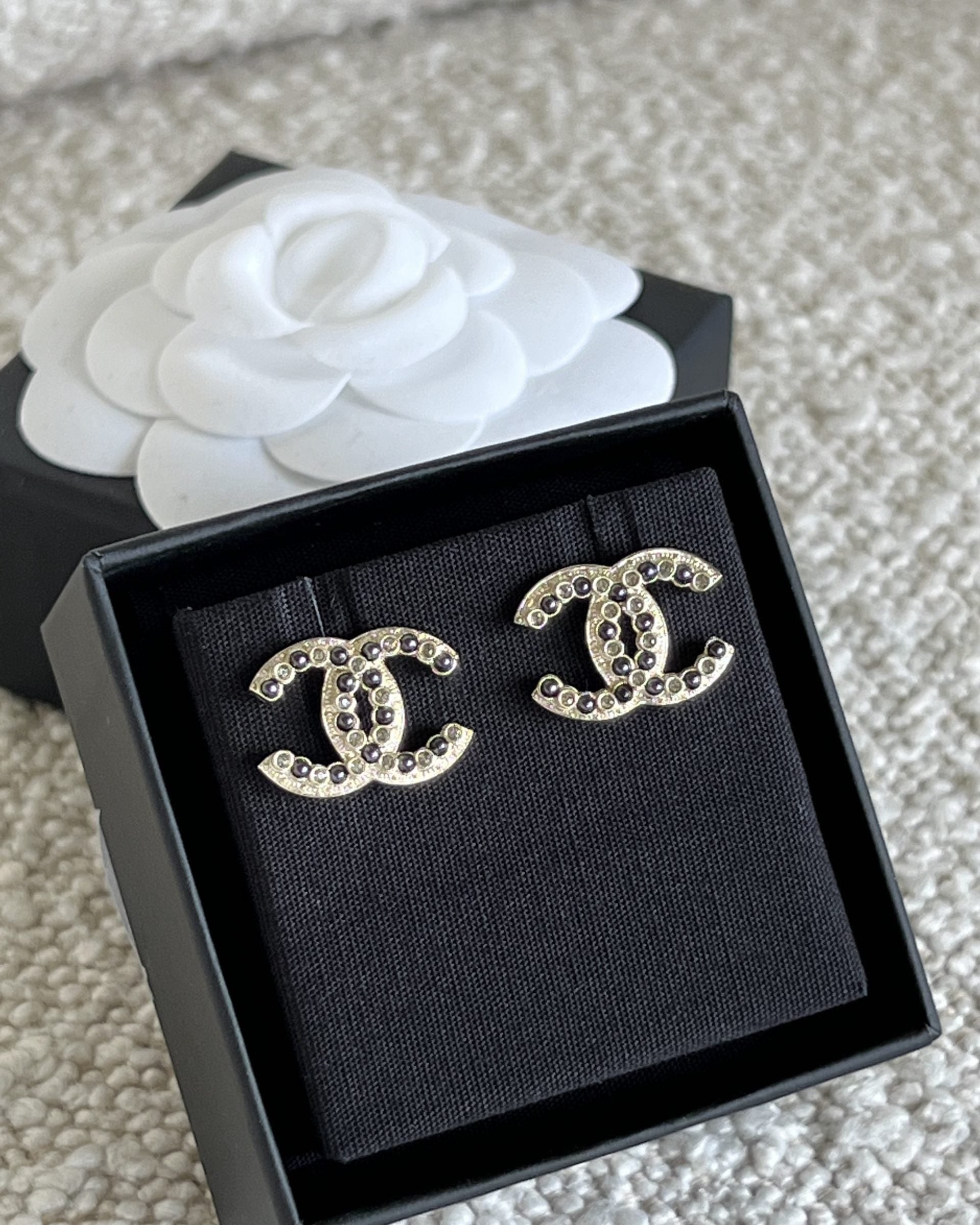 CHANEL Earrings Gold Chanel CC Crystal and Dark Pearl Earrings - Redeluxe