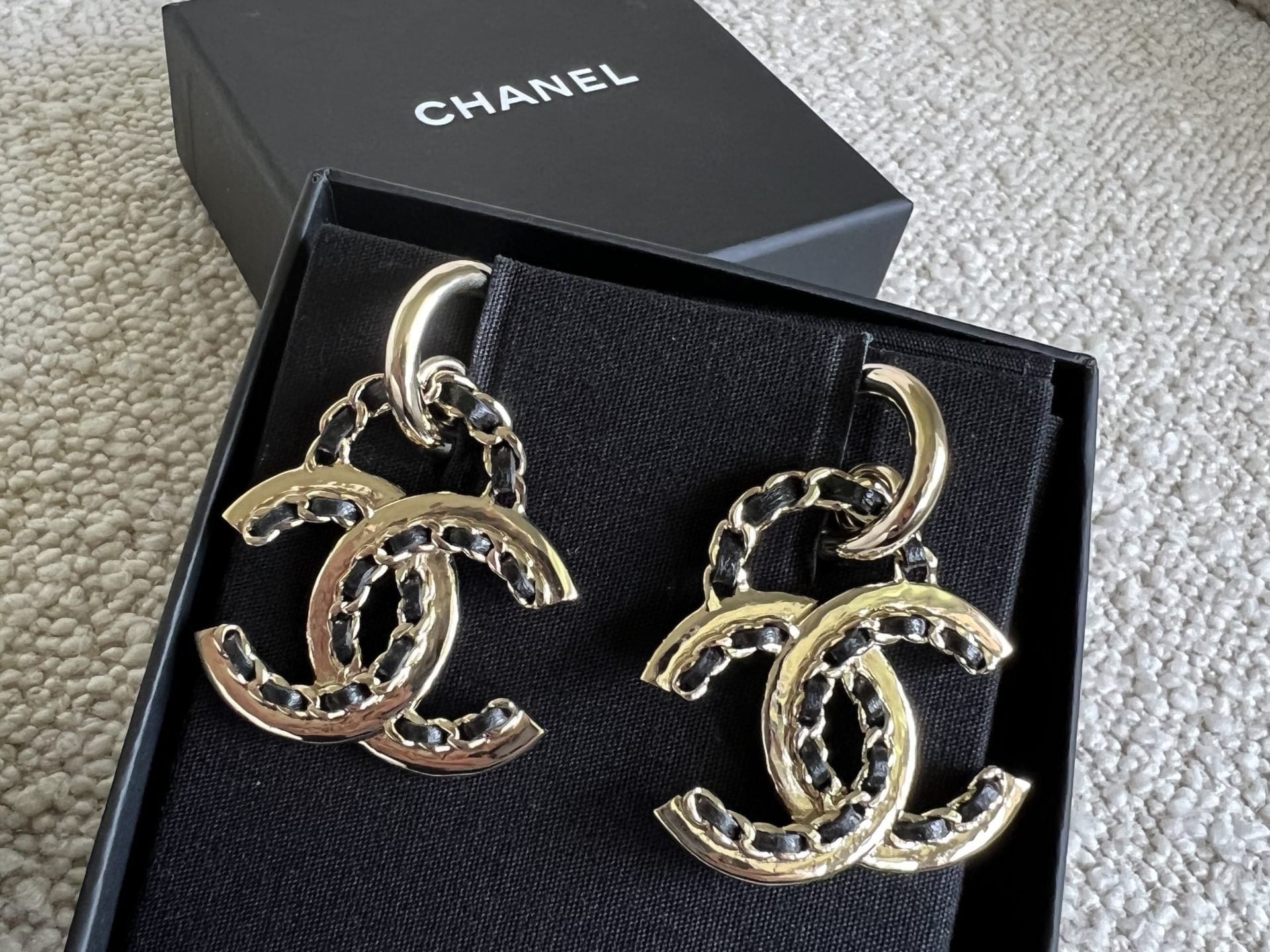 CHANEL Earrings Gold Chanel Woven Chain CC Drop Earring - Redeluxe