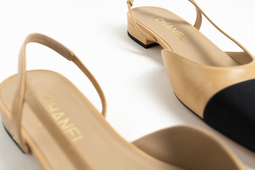 CHANEL Flats Chanel Black Beige Cap Toe Slingback Flats- Size 38.5 - Redeluxe