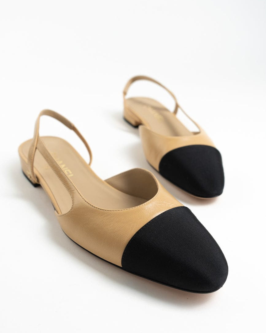 CHANEL Flats Chanel Black Beige Cap Toe Slingback Flats- Size 38.5 - Redeluxe