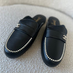 CHANEL Flats Chanel Black Leather CC Pearl Embellished Flat Loafers 40 - Redeluxe