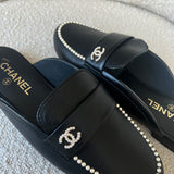 CHANEL Flats Chanel Black Leather CC Pearl Embellished Flat Loafers 40 - Redeluxe
