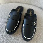 CHANEL Flats Chanel Black Leather CC Pearl Embellished Flat Loafers 40 - Redeluxe