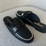 CHANEL Flats Chanel Black Leather CC Pearl Embellished Flat Loafers 40 - Redeluxe