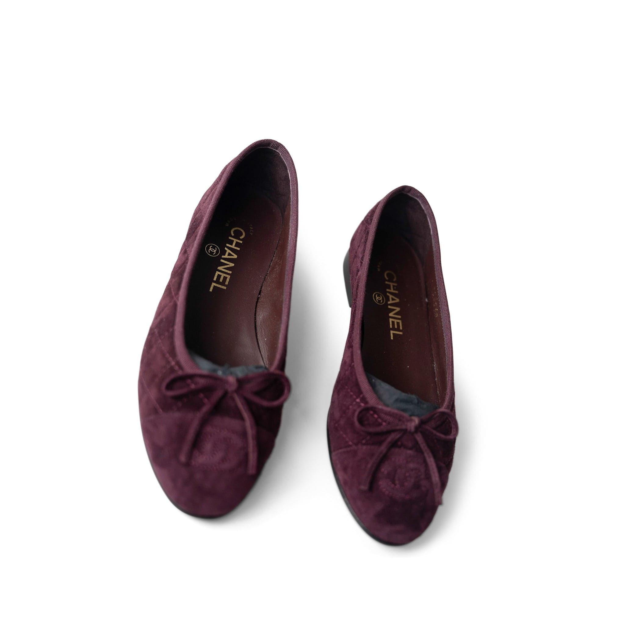 CHANEL Flats Purple 19K CC Suede Ballerina Flats Burgundy 35.5 / 5 - Redeluxe