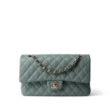 CHANEL Green 22C Dark Green Caviar Quilted Classic Flap Medium Light Gold Hardware - Redeluxe