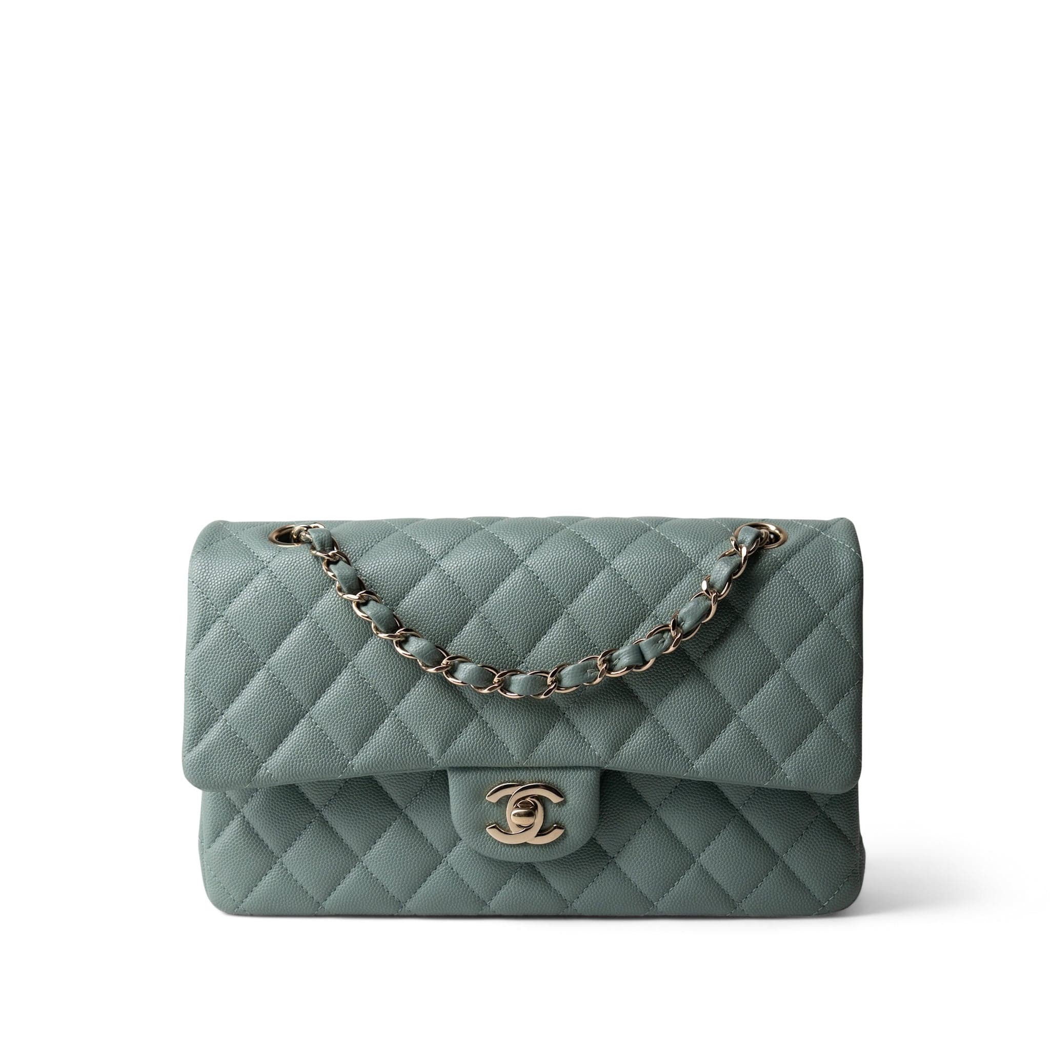 CHANEL Green 22C Dark Green Caviar Quilted Classic Flap Medium Light Gold Hardware - Redeluxe