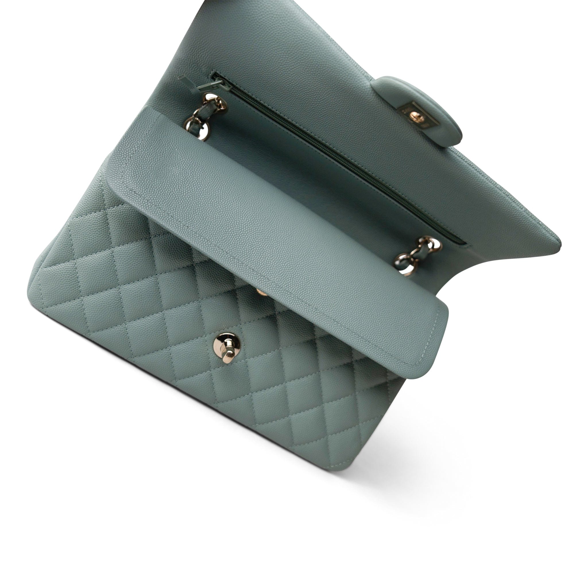 CHANEL Green 22C Dark Green Caviar Quilted Classic Flap Medium Light Gold Hardware - Redeluxe