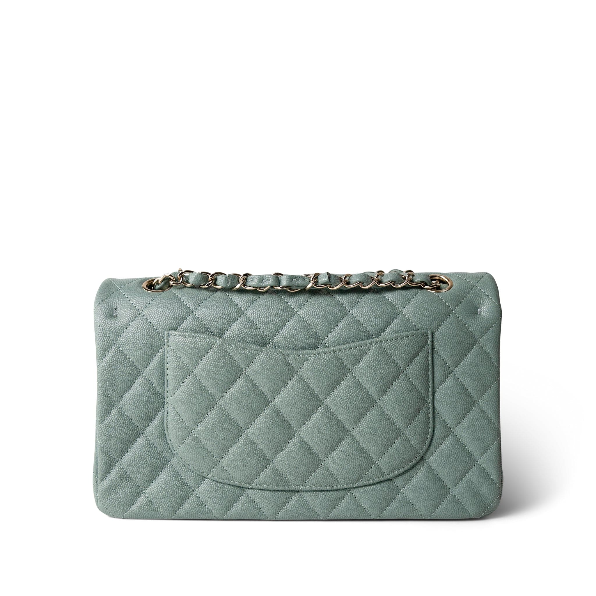 CHANEL Green 22C Dark Green Caviar Quilted Classic Flap Medium Light Gold Hardware - Redeluxe