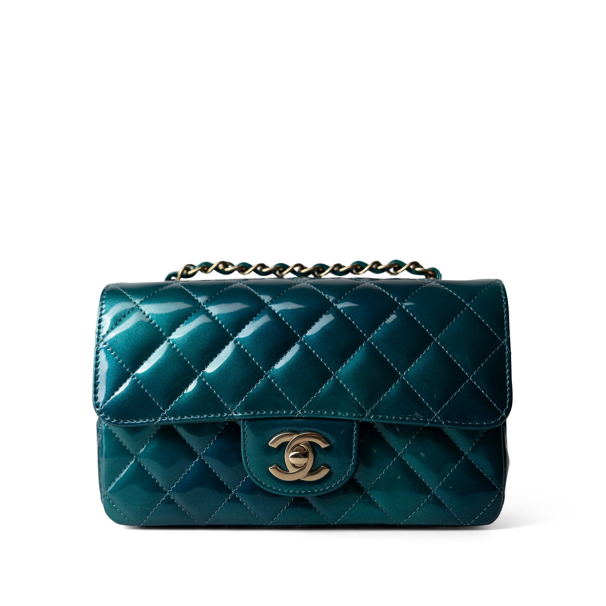 CHANEL Green 23P Multi Tone Green Patent Quilted Mini Rectangular Flap Light Gold Hardware - Redeluxe