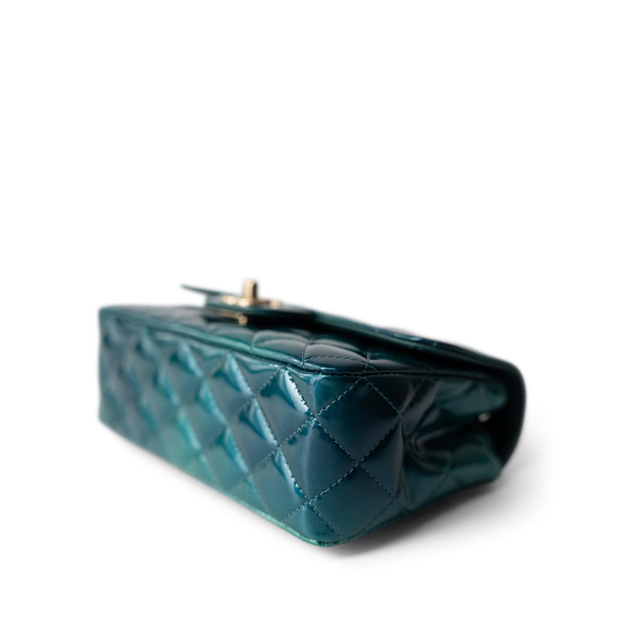 CHANEL Green 23P Multi Tone Green Patent Quilted Mini Rectangular Flap Light Gold Hardware - Redeluxe