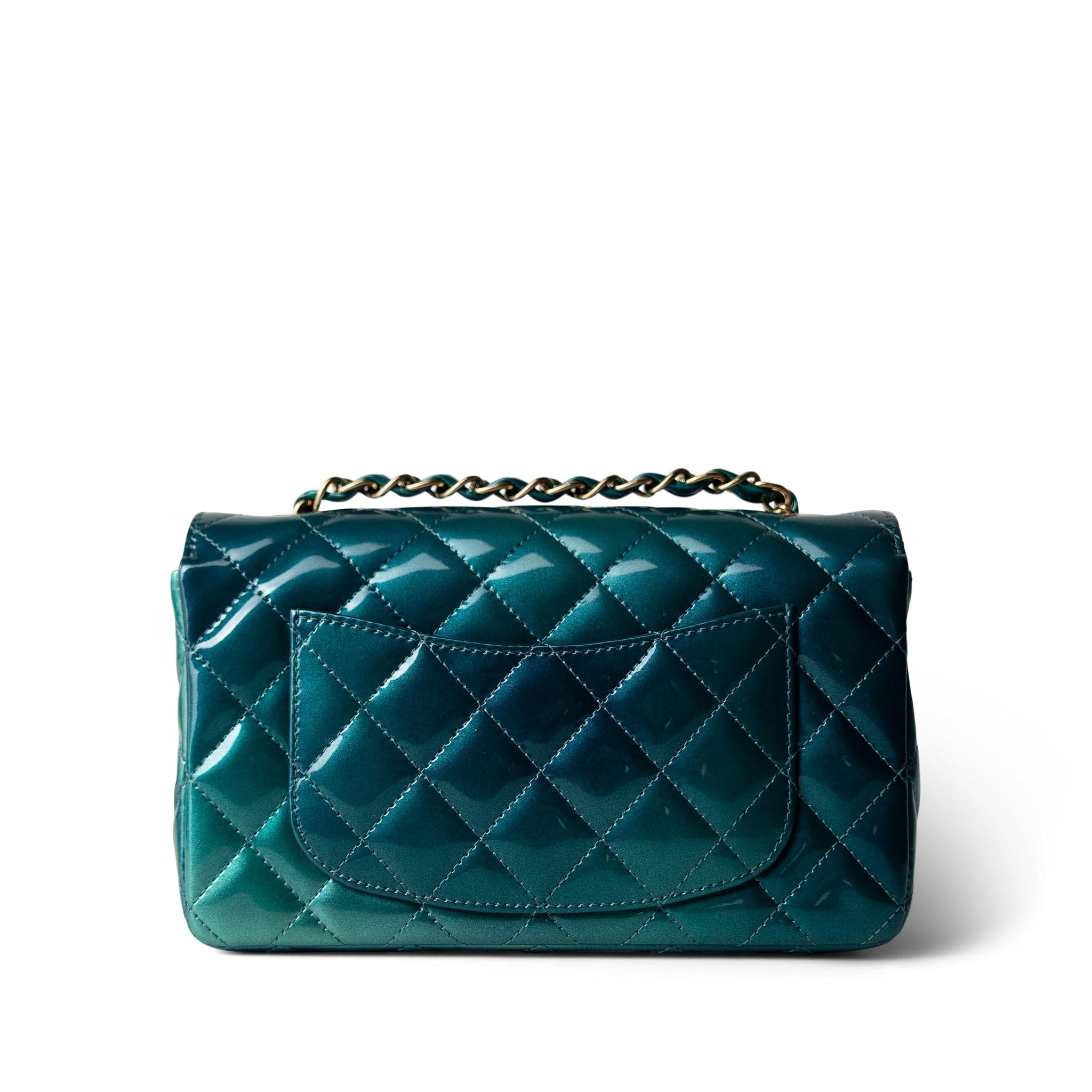 CHANEL Green 23P Multi Tone Green Patent Quilted Mini Rectangular Flap Light Gold Hardware - Redeluxe