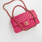CHANEL Handbag 15s Pink Lambskin Chevron Mini Rectangular Flap Aged Gold Hardware - Redeluxe