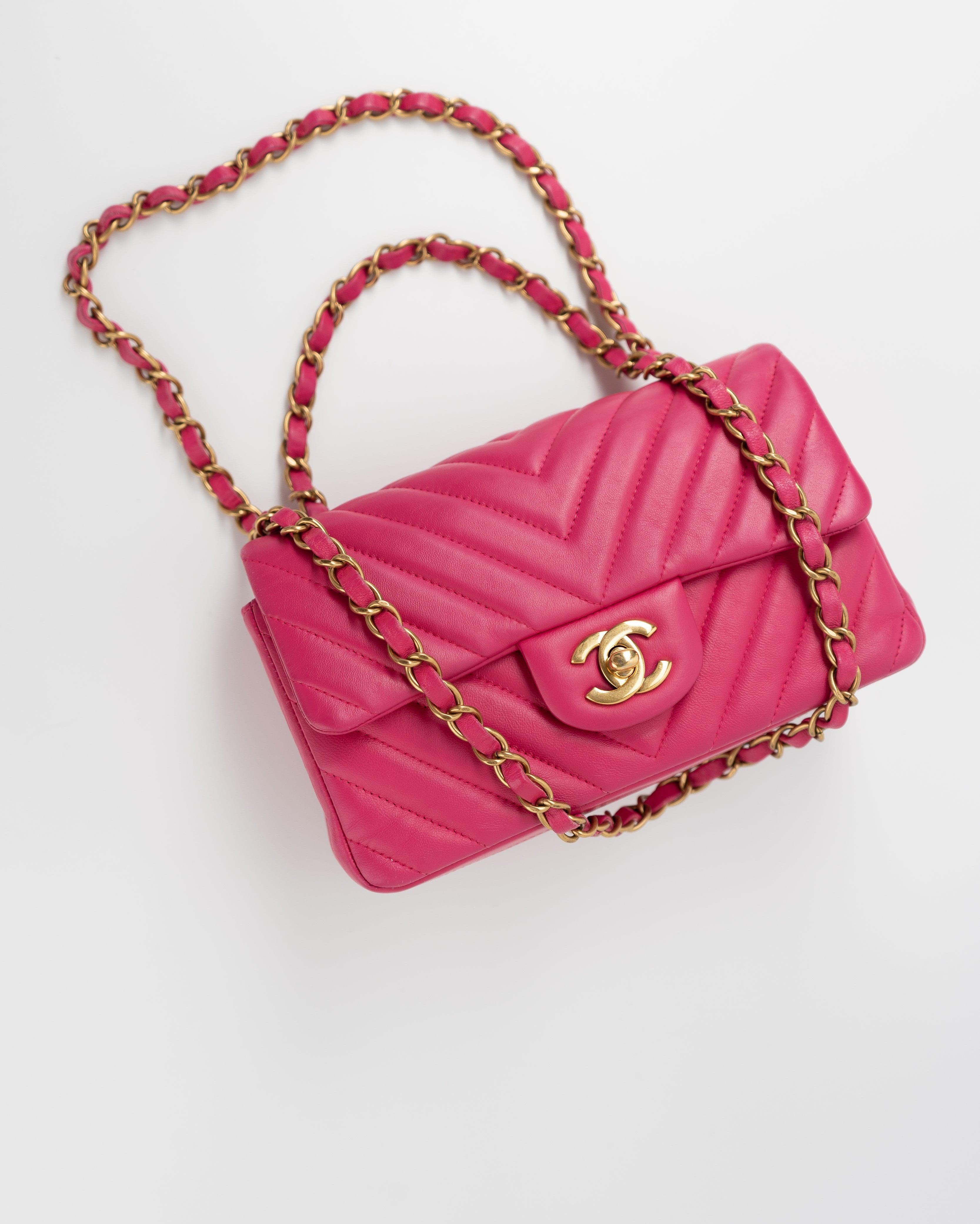 CHANEL Handbag 15s Pink Lambskin Chevron Mini Rectangular Flap Aged Gold Hardware - Redeluxe