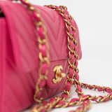 CHANEL Handbag 15s Pink Lambskin Chevron Mini Rectangular Flap Aged Gold Hardware - Redeluxe