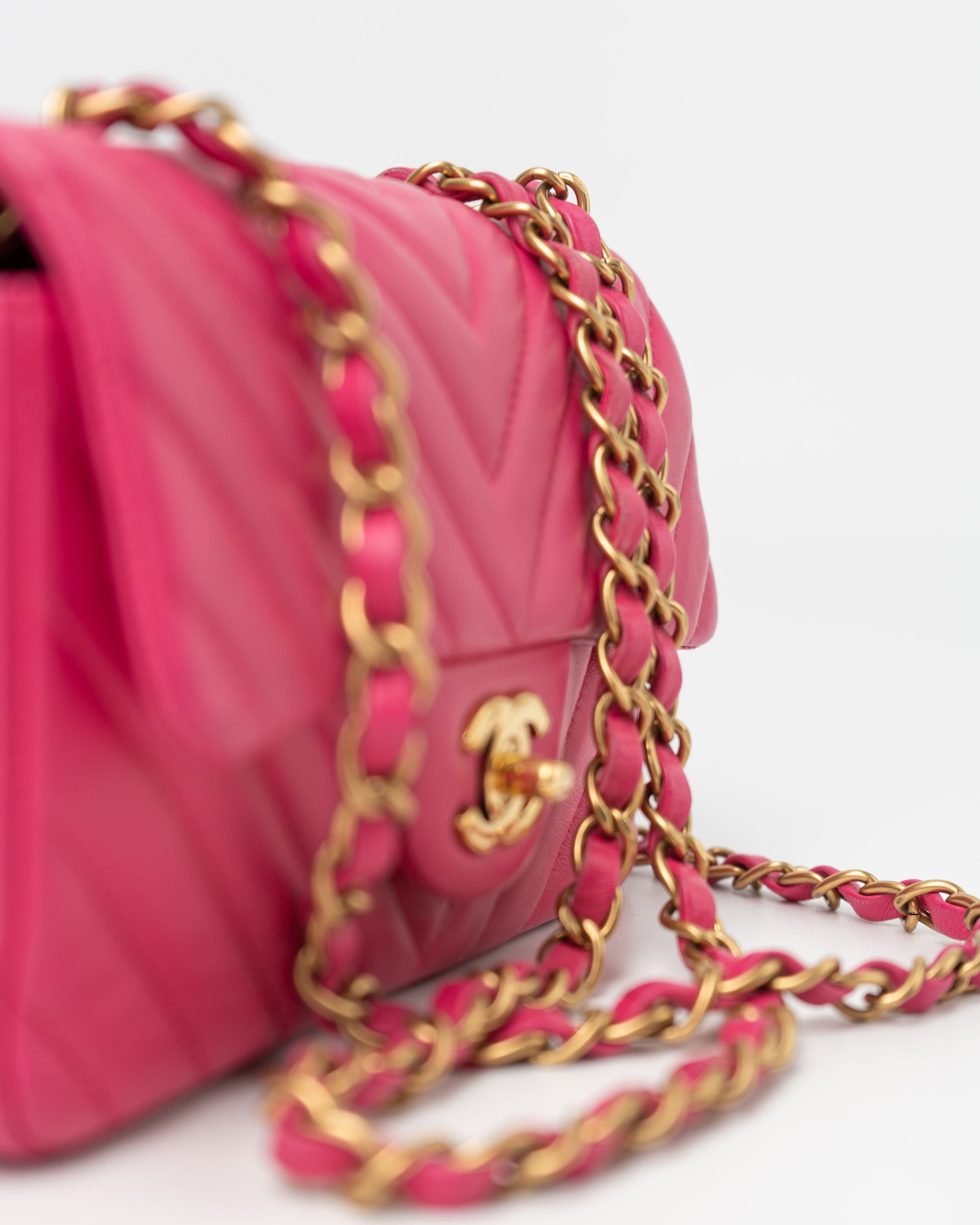 CHANEL Handbag 15s Pink Lambskin Chevron Mini Rectangular Flap Aged Gold Hardware - Redeluxe