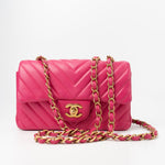 CHANEL Handbag 15s Pink Lambskin Chevron Mini Rectangular Flap Aged Gold Hardware - Redeluxe