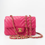CHANEL Handbag 15s Pink Lambskin Chevron Mini Rectangular Flap Aged Gold Hardware - Redeluxe