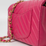 CHANEL Handbag 15s Pink Lambskin Chevron Mini Rectangular Flap Aged Gold Hardware - Redeluxe