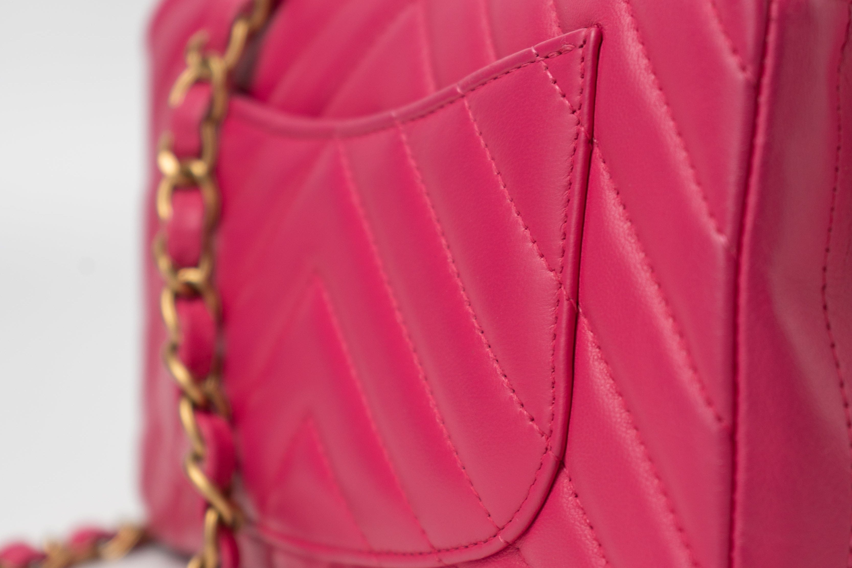 CHANEL Handbag 15s Pink Lambskin Chevron Mini Rectangular Flap Aged Gold Hardware - Redeluxe