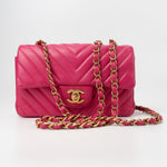 CHANEL Handbag 15s Pink Lambskin Chevron Mini Rectangular Flap Aged Gold Hardware - Redeluxe