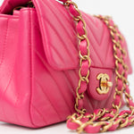 CHANEL Handbag 15s Pink Lambskin Chevron Mini Rectangular Flap Aged Gold Hardware - Redeluxe