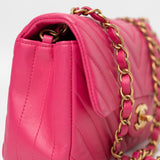 CHANEL Handbag 15s Pink Lambskin Chevron Mini Rectangular Flap Aged Gold Hardware - Redeluxe