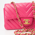 CHANEL Handbag 15s Pink Lambskin Chevron Mini Rectangular Flap Aged Gold Hardware - Redeluxe