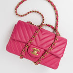 CHANEL Handbag 15s Pink Lambskin Chevron Mini Rectangular Flap Aged Gold Hardware - Redeluxe