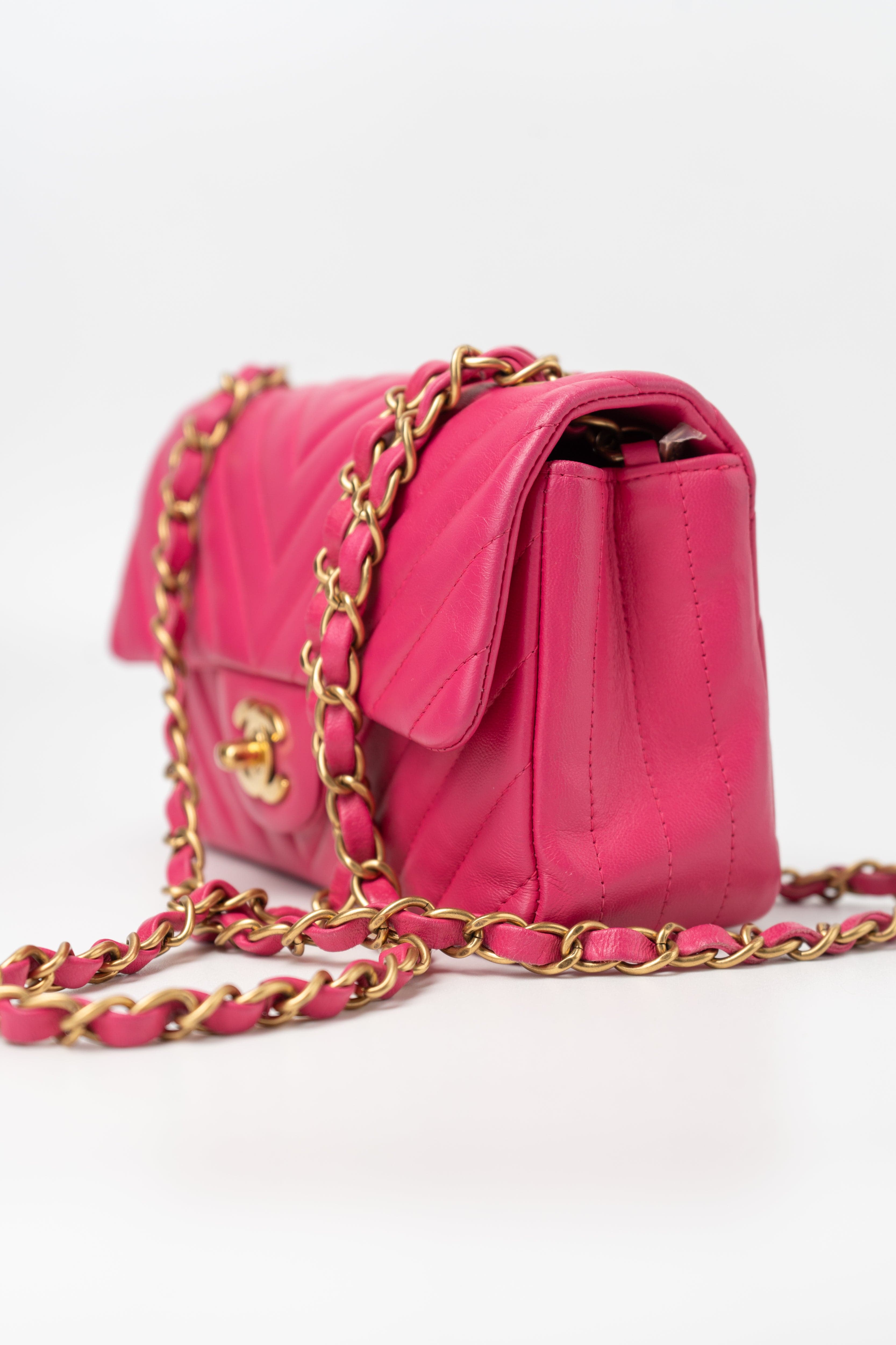 Buy CHANEL Pink Lambskin Chevron Mini Flap | Aged Gold
