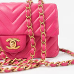 CHANEL Handbag 15s Pink Lambskin Chevron Mini Rectangular Flap Aged Gold Hardware - Redeluxe