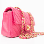 CHANEL Handbag 15s Pink Lambskin Chevron Mini Rectangular Flap Aged Gold Hardware - Redeluxe