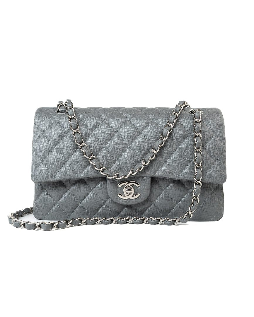 CHANEL Handbag 17B Grey Caviar Quilted Classic Flap Medium Silver Hardware - Redeluxe