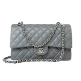 CHANEL Handbag 17B Grey Caviar Quilted Classic Flap Medium Silver Hardware - Redeluxe