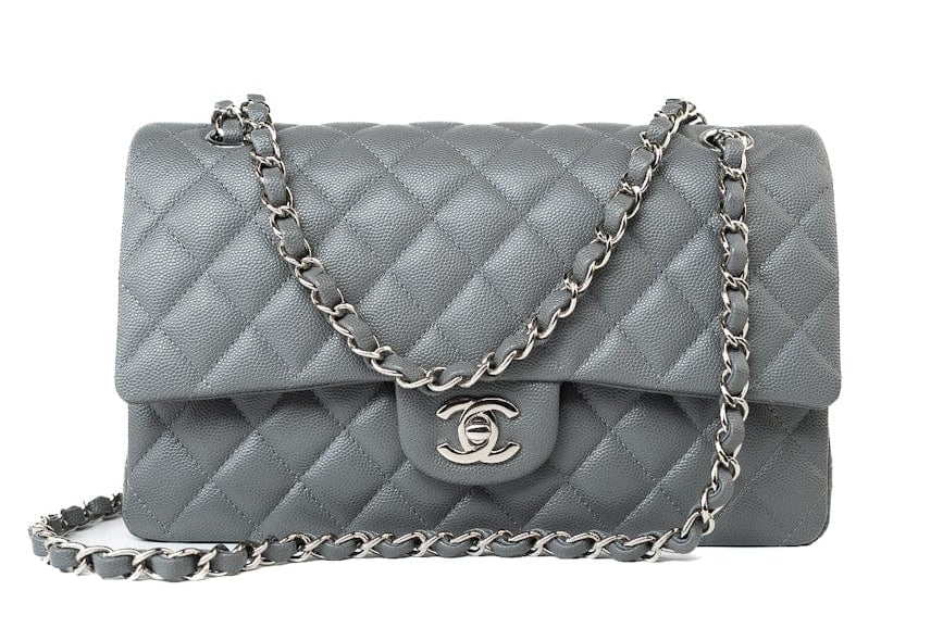 CHANEL Handbag 17B Grey Caviar Quilted Classic Flap Medium Silver Hardware - Redeluxe