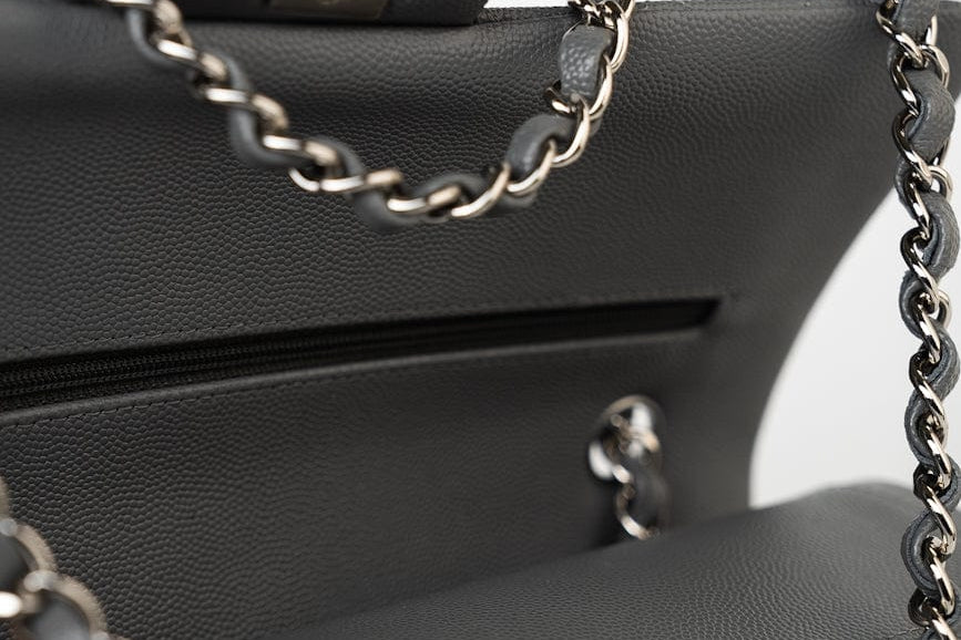 CHANEL Handbag 17B Grey Caviar Quilted Classic Flap Medium Silver Hardware - Redeluxe
