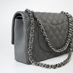 CHANEL Handbag 17B Grey Caviar Quilted Classic Flap Medium Silver Hardware - Redeluxe