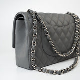 CHANEL Handbag 17B Grey Caviar Quilted Classic Flap Medium Silver Hardware - Redeluxe