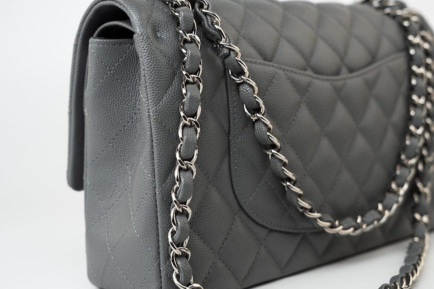 CHANEL Handbag 17B Grey Caviar Quilted Classic Flap Medium Silver Hardware - Redeluxe