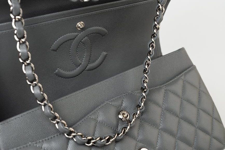 CHANEL Handbag 17B Grey Caviar Quilted Classic Flap Medium Silver Hardware - Redeluxe