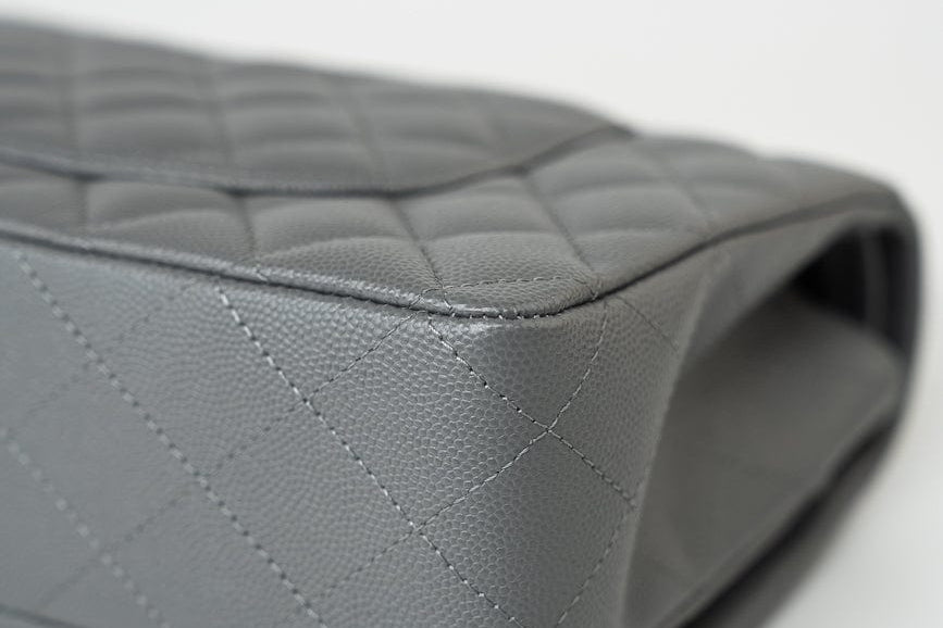 CHANEL Handbag 17B Grey Caviar Quilted Classic Flap Medium Silver Hardware - Redeluxe