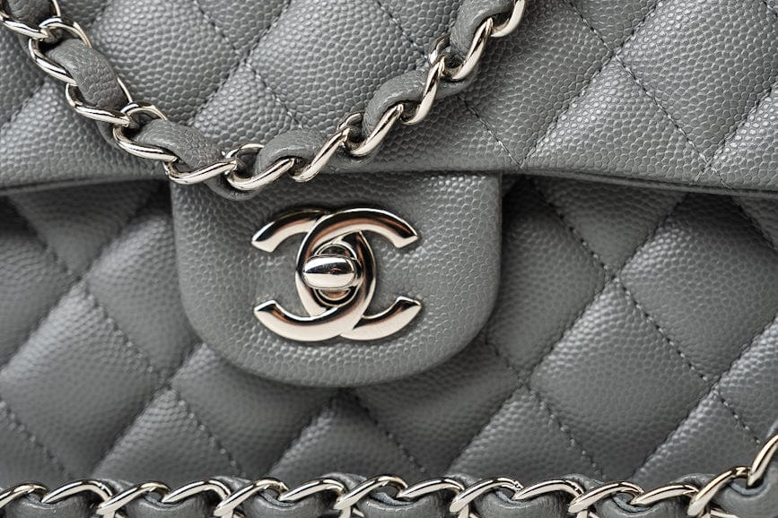 CHANEL Handbag 17B Grey Caviar Quilted Classic Flap Medium Silver Hardware - Redeluxe