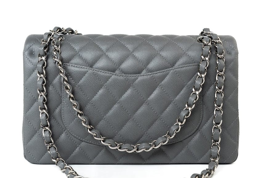 CHANEL Handbag 17B Grey Caviar Quilted Classic Flap Medium Silver Hardware - Redeluxe