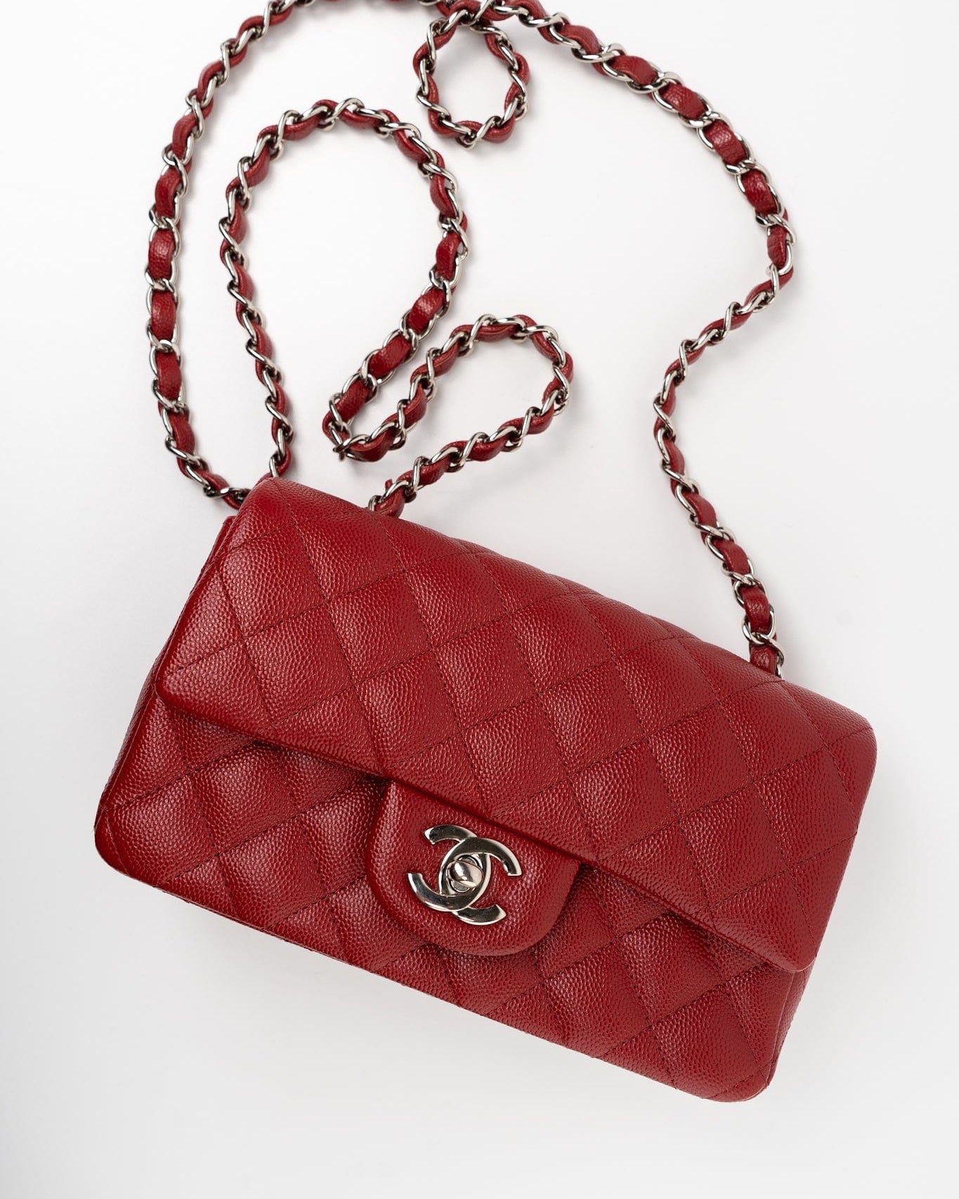CHANEL Handbag 17B Mini Rectangular Red Caviar Quilted Flap Silver Hardware’s - Redeluxe
