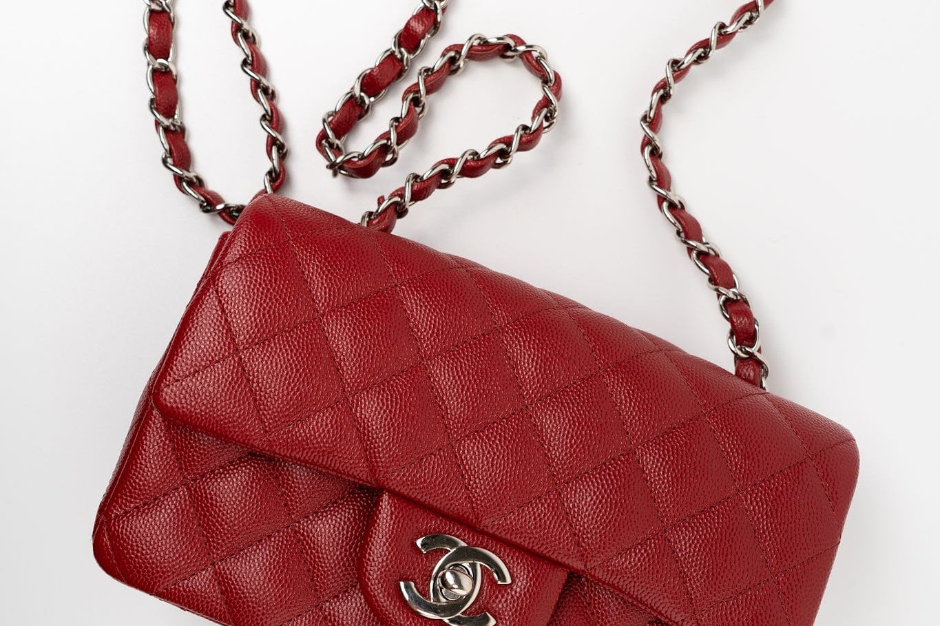 CHANEL Handbag 17B Mini Rectangular Red Caviar Quilted Flap Silver Hardware’s - Redeluxe
