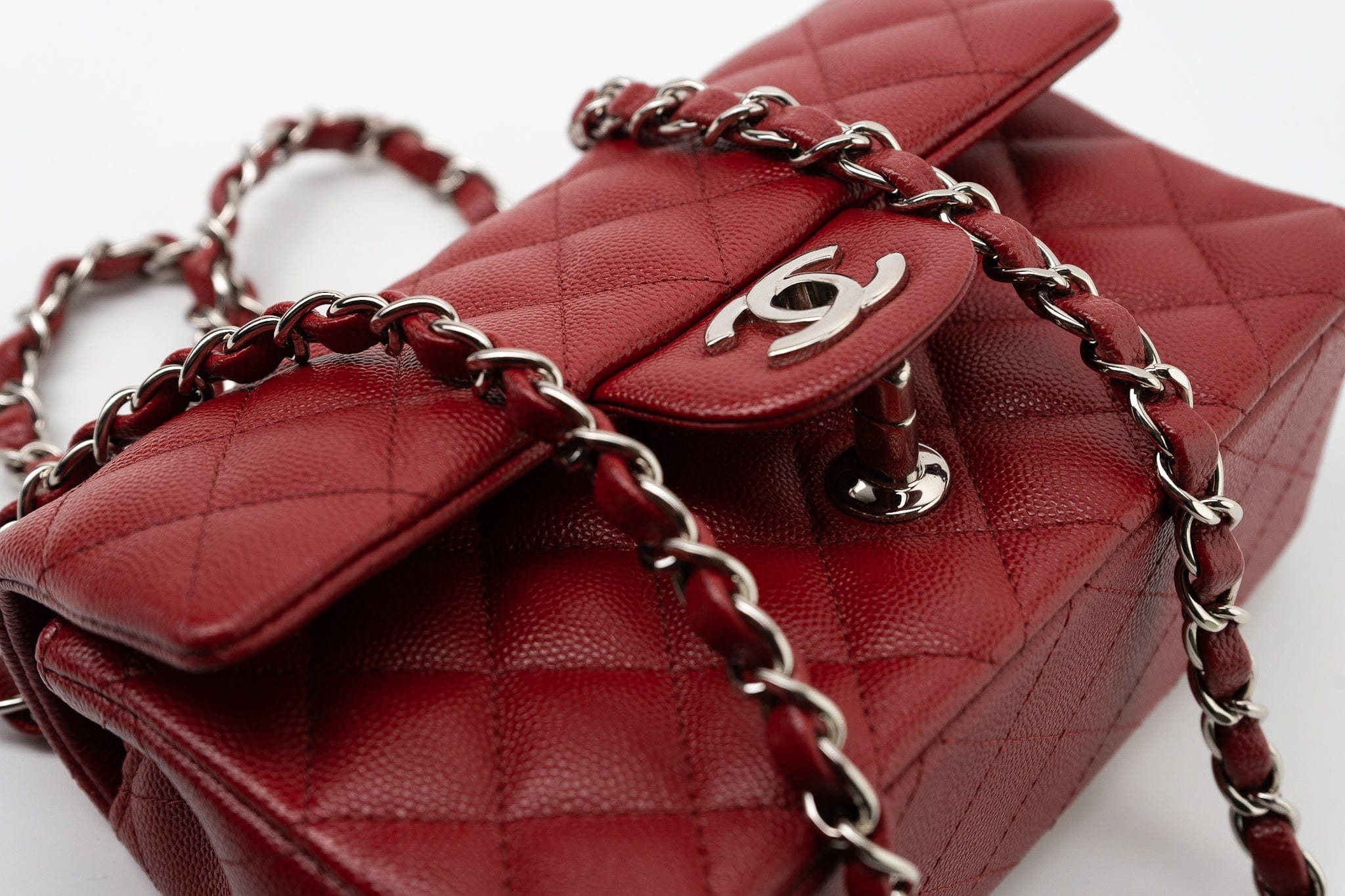 CHANEL Handbag 17B Mini Rectangular Red Caviar Quilted Flap Silver Hardware’s - Redeluxe