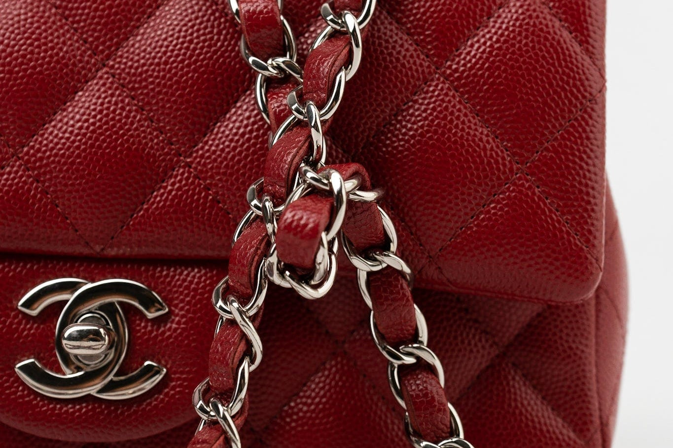 CHANEL Handbag 17B Mini Rectangular Red Caviar Quilted Flap Silver Hardware’s - Redeluxe
