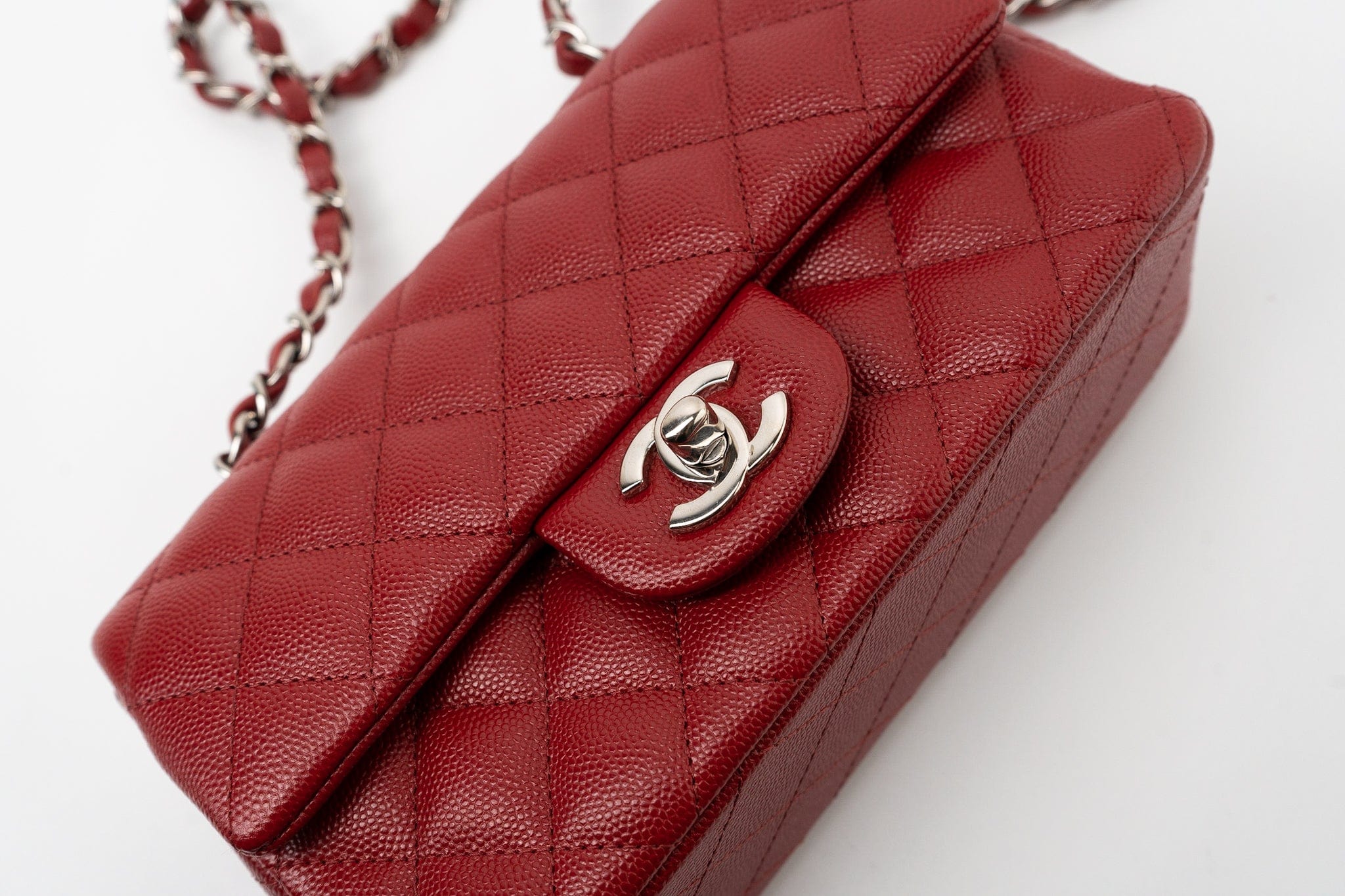 CHANEL Handbag 17B Mini Rectangular Red Caviar Quilted Flap Silver Hardware’s - Redeluxe