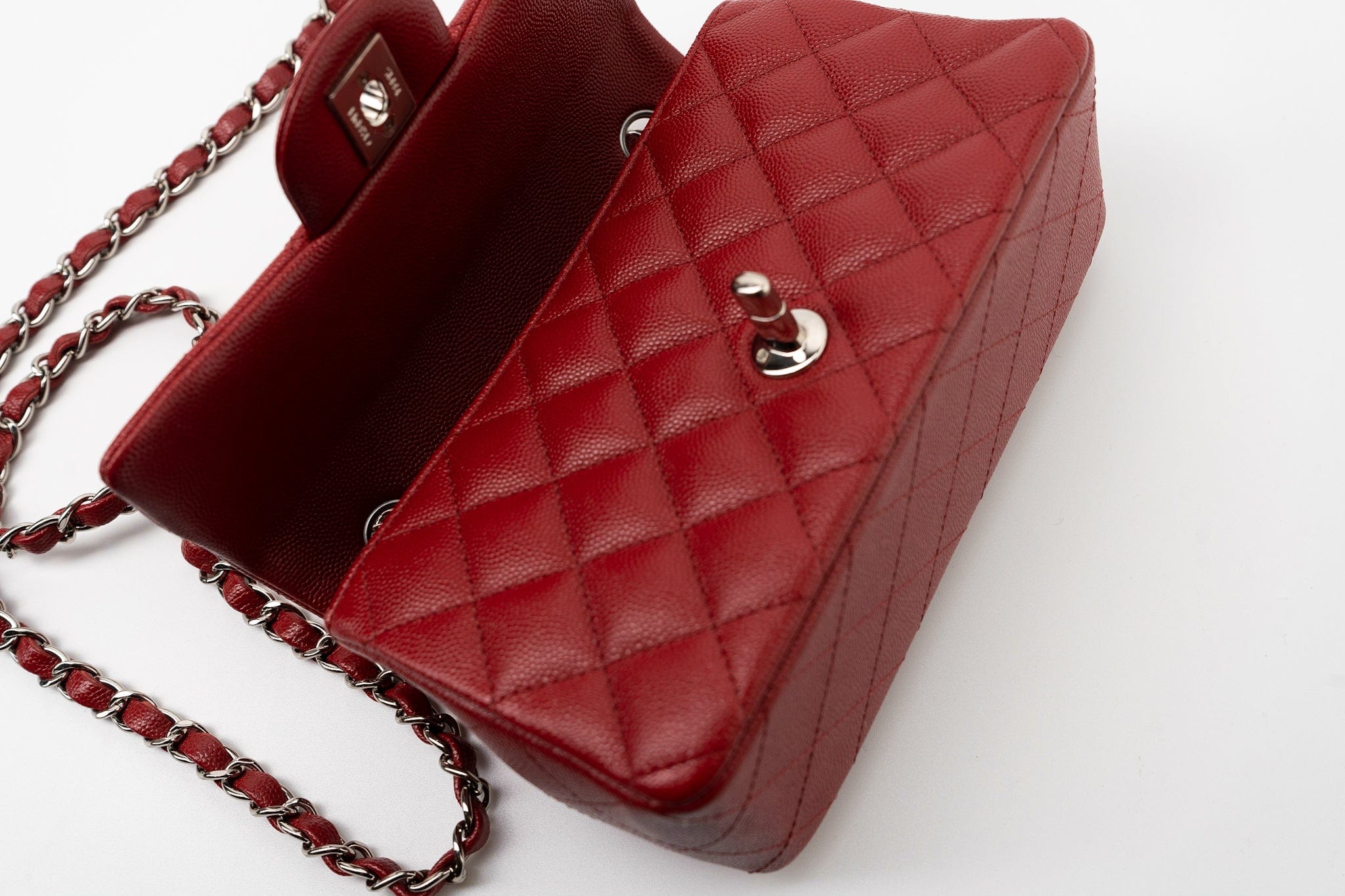 CHANEL Handbag 17B Mini Rectangular Red Caviar Quilted Flap Silver Hardware’s - Redeluxe